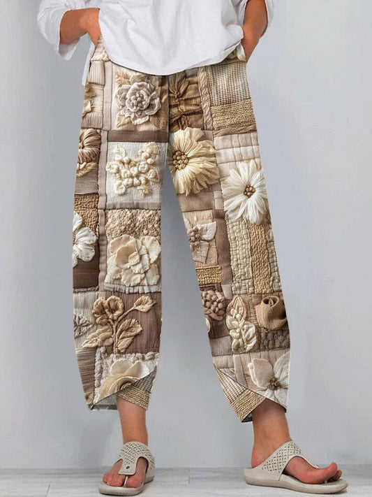 Women's Boho Floral Embroidered Patchwork Linen Pants artswardrobe