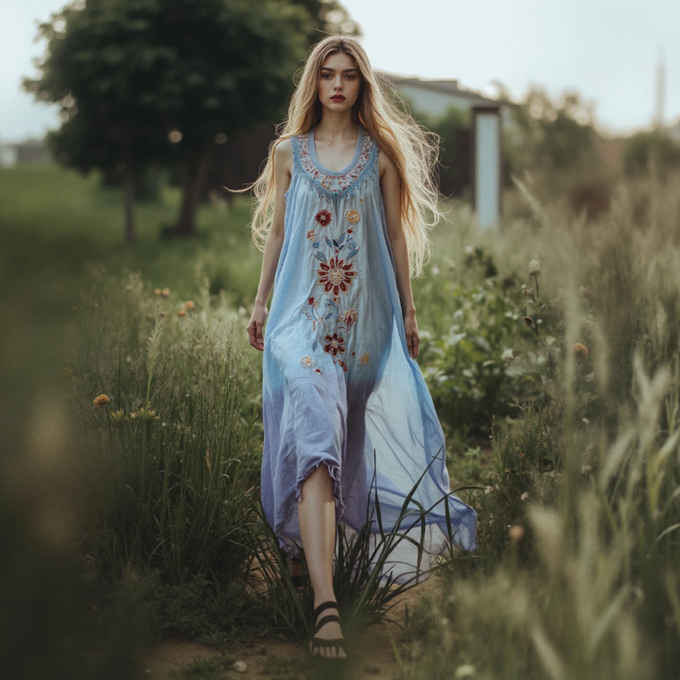 Women's Boho Floral Art Linen Tank Dress artswardrobe