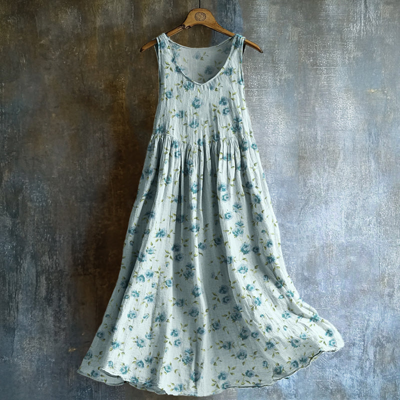 Vintage Cottagecore Blue Floral Linen Tank Dress artswardrobe