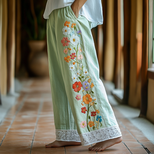 Retro Boho Floral Lace Embroidery Art  Linen Wide Leg Pants artswardrobe