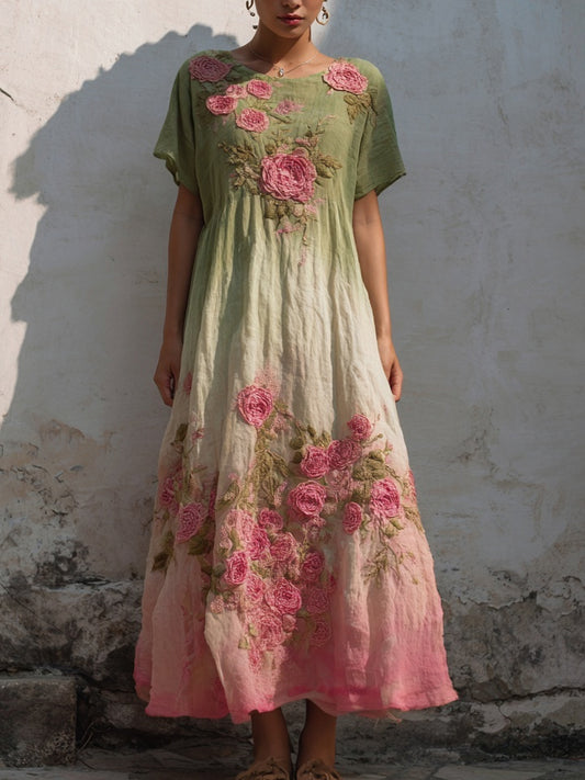 Vintage Pink Rose Embroidered Gradient Linen Maxi Dress artswardrobe