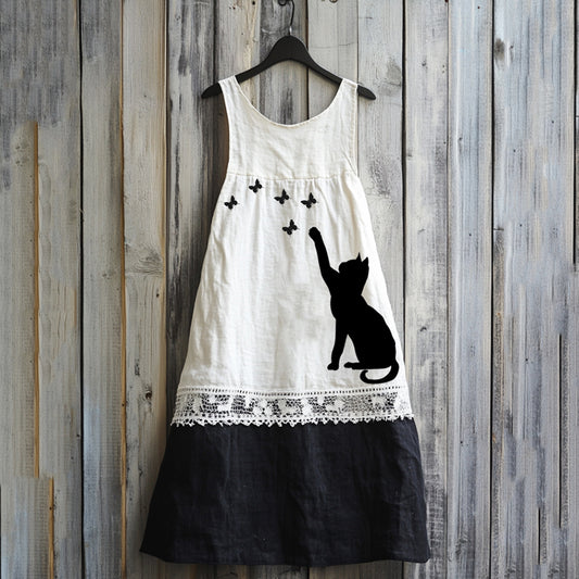 Vintage Abstract Creative Cute Black Cat  Play With Butterfly Art Linen Tank Dress artswardrobe