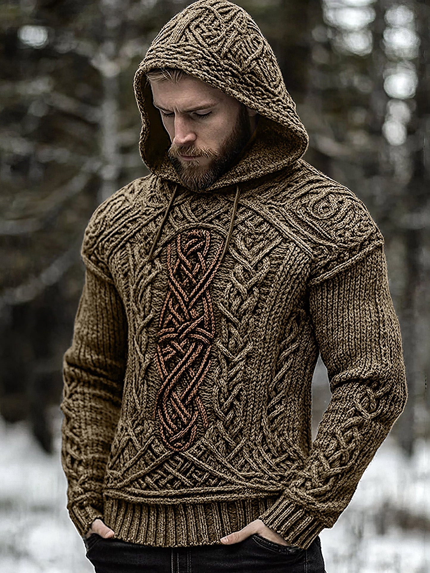 Men's Viking Jacquard Celtic Inspired Cozy Knit Hooded Sweater elevenforest
