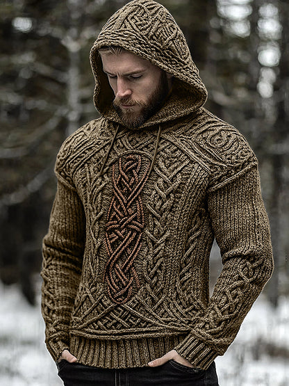Men's Viking Jacquard Celtic Inspired Cozy Knit Hooded Sweater elevenforest