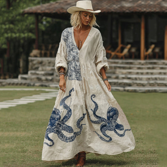Classy Japanese Octopus Art Casual Linen Maxi Dress artswardrobe