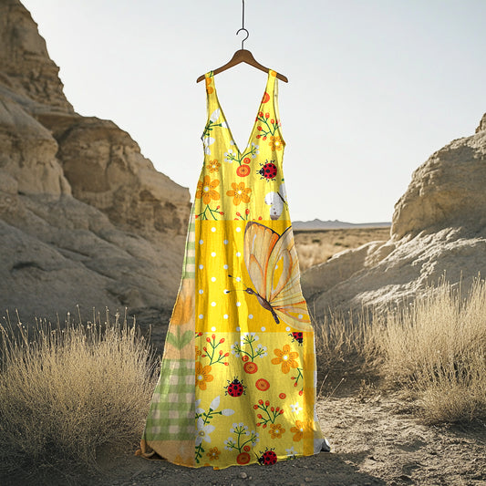 Women's Vintage Butterfly Floral Art Cotton And Linen Dress artswardrobe