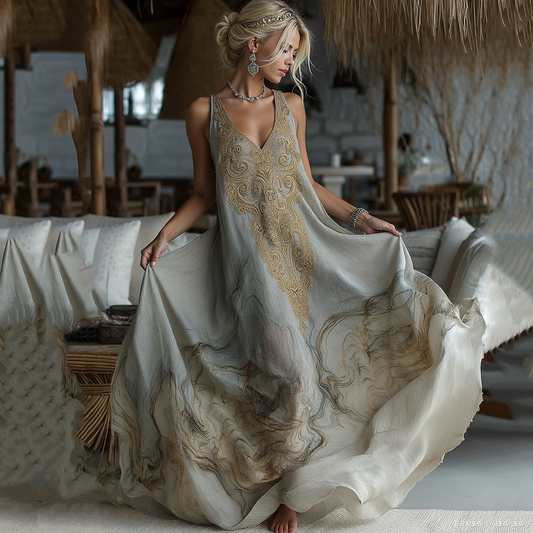 Vintage Marble Texture Collection Retro Bohemia Women Style Gradient Gilded Pattern Linen Maxi Dress artswardrobe