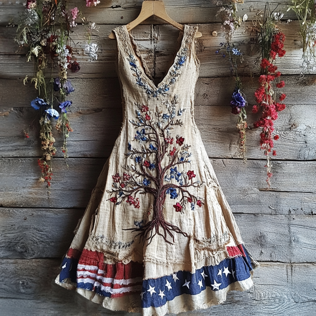 Women's Independence Day Tree Of Life Embroidered V-neck Tank Midi Dress artswardrobe