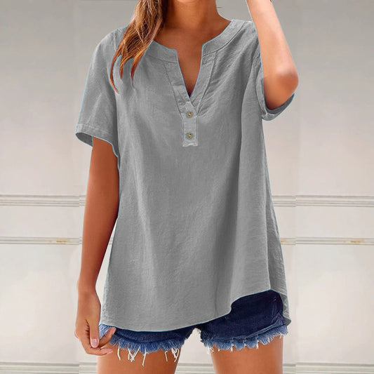 Comstylish Solid Color Linen Blended V-neck Loose Blouse