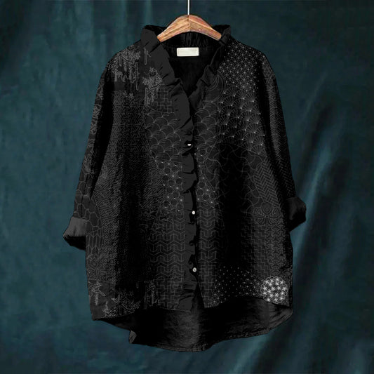 Comstylish Japanese Traditional Sashiko Art Ruffle Trim Linen Blouse