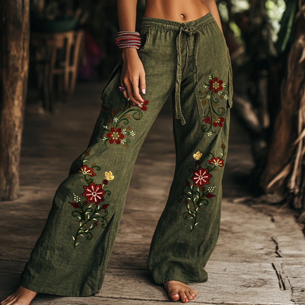 Vintage Floral Art Printed Cotton Linen Wide Leg Pants artswardrobe