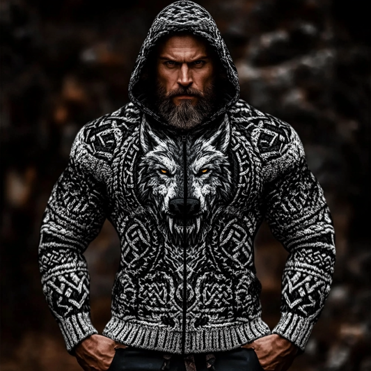 Men's Viking Wolf Jacquard Celtic Chunky Knit Zip-up Hooded Sweater elevenforest