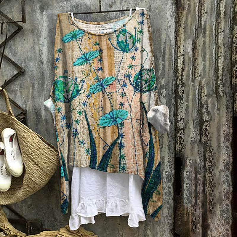 Vintage Flora Embroidery Art Linen Blend Blouse artswardrobe