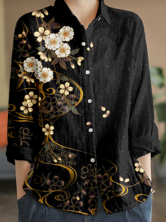 Comstylish Japanese Cherry Blossoms Art Linen Blend Blouse
