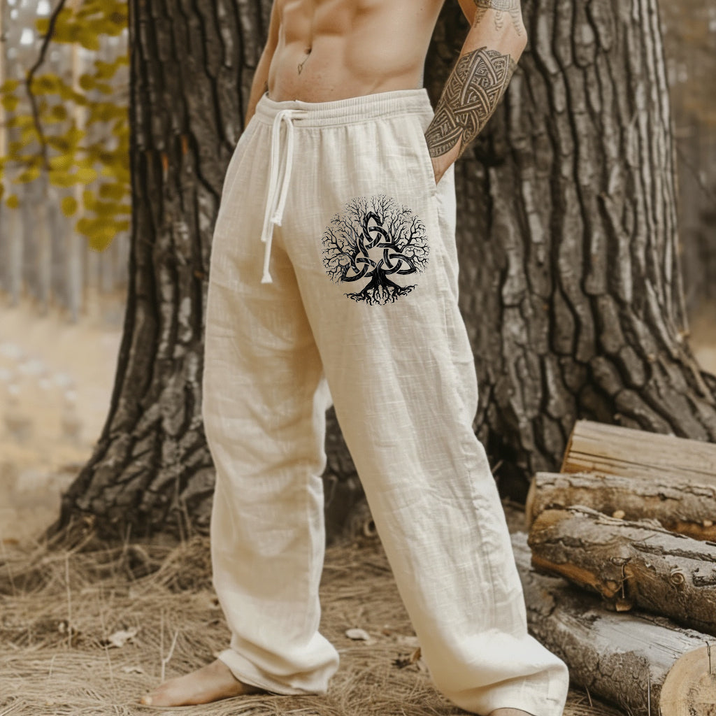 Vintage Viking Tree Of Life Art Linen Loose Wide-leg Pants artswardrobe