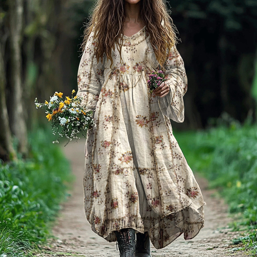 Women's Vintage Floral Print Linen Blend Midi Dress artswardrobe