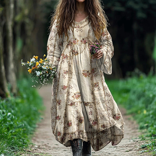 Women's Vintage Floral Print Linen Blend Midi Dress artswardrobe