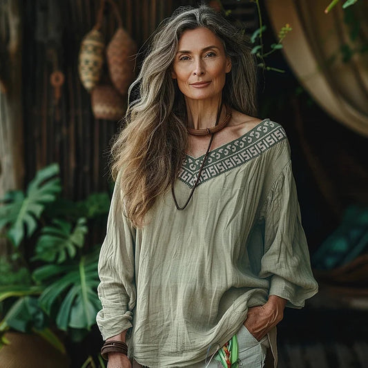 Comstylish Vintage Greek Key Pattern V-neck Linen Blend Blouse