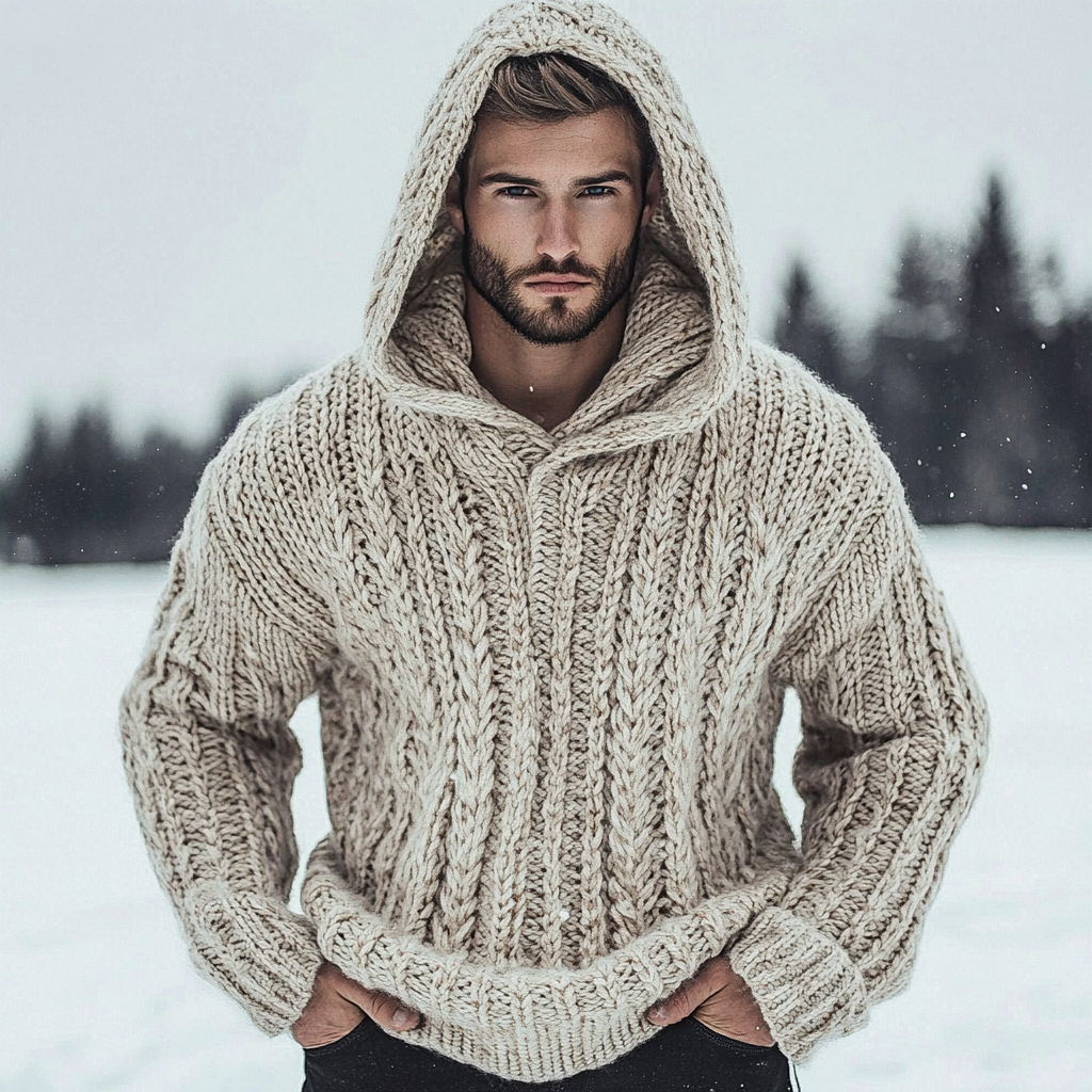 Men'S Vintage Chunky Knit Jacquard Cozy Hooded Sweater elevenforest