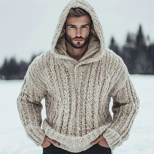 Men'S Vintage Chunky Knit Jacquard Cozy Hooded Sweater elevenforest