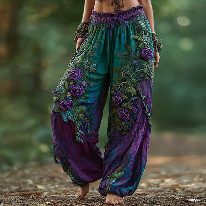 Women's Vintage Rose Floral Pattern Casual Pants artswardrobe