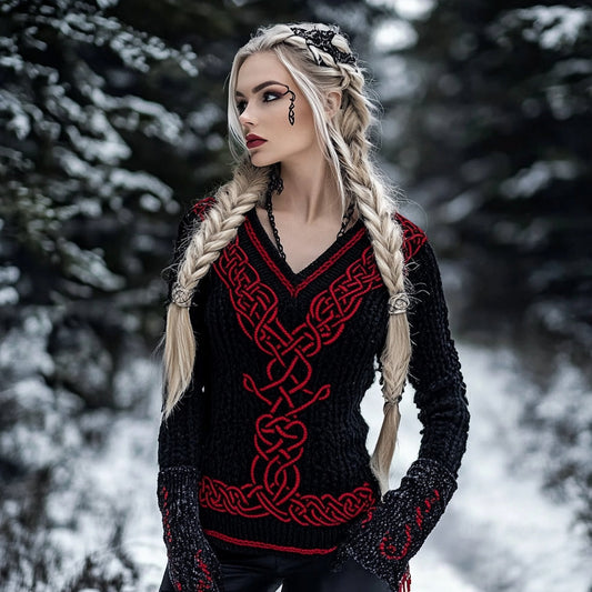 Women's Viking Celtic Pattern V-neck Cozy Knit Sweater elevenforest