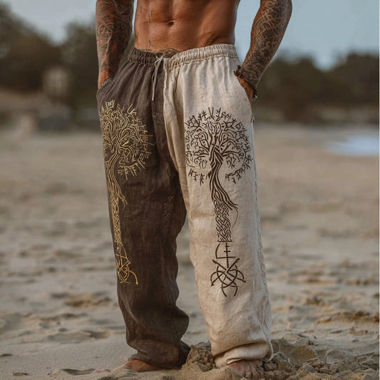Men's Vintage Two-tone Viking Tree Of Life Inspired Bohemian Summer Casual Pants artswardrobe
