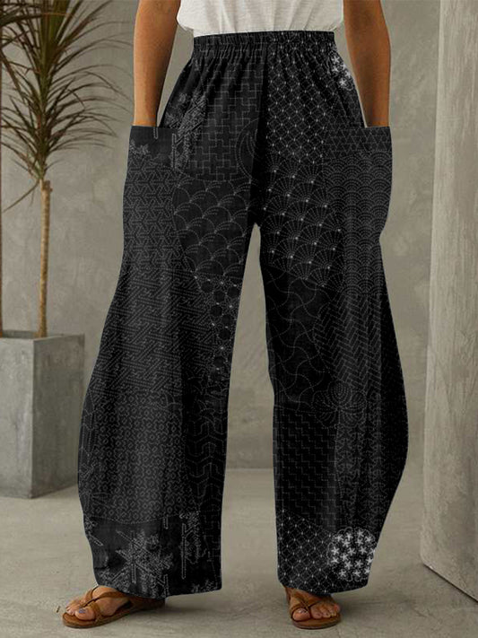 Comstylish Japanese Traditional Sashiko Art Wide Leg Casual Pants