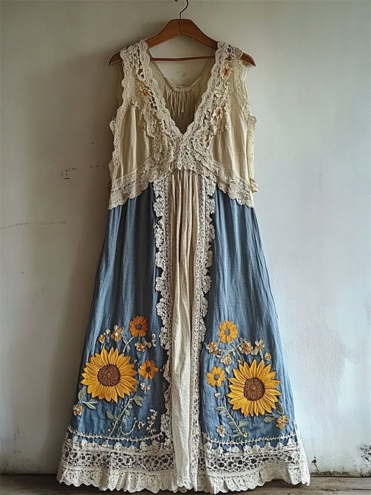 Boho Sunflowers Embroidered Lace Hem Linen Dress artswardrobe
