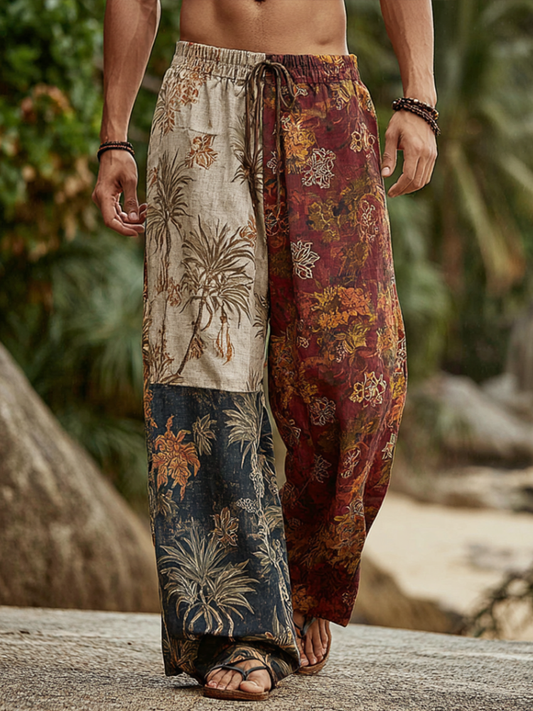 Western Bohemian Style Plant And Flower Pattern Retro Cotton And Linen Loose Wide-leg Pants artswardrobe