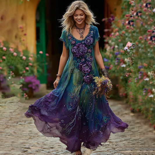 Women's Bohemian Floral Art Gradient Linen Blend Short Sleeve Midi Dress artswardrobe