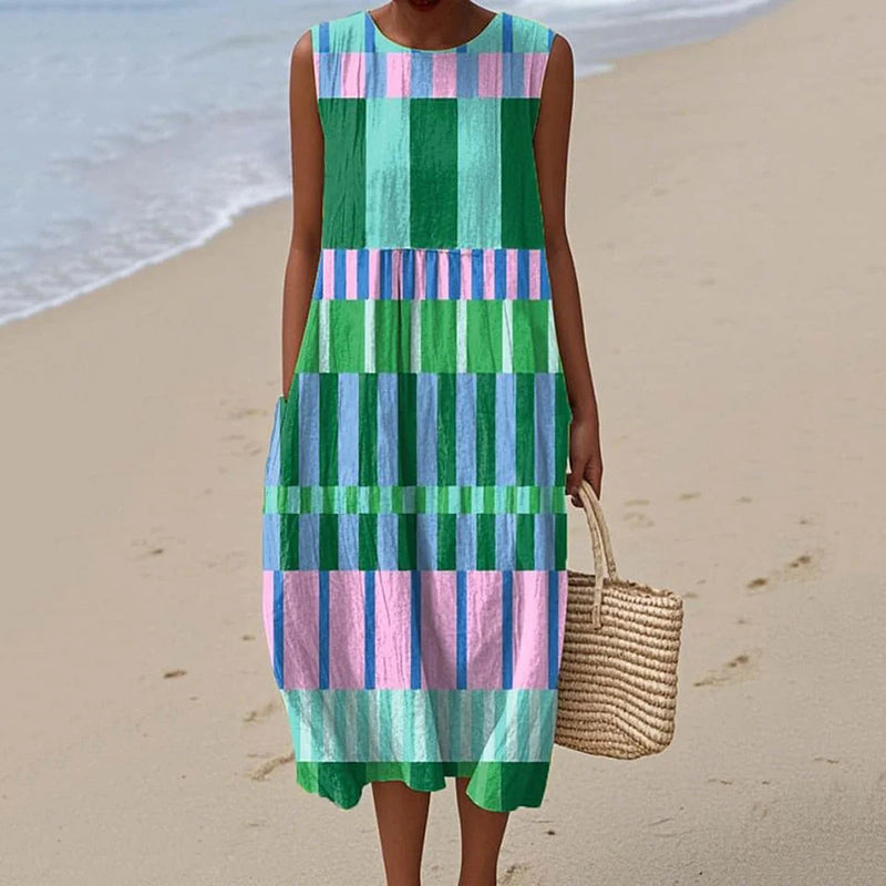 Vintage Loose Abstract Geometric Pattern Art Sleeveless Cotton And Linen Tank Dress artswardrobe