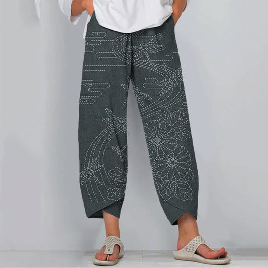 Comstylish Japanese Embroidery Art Cropped Casual Pants