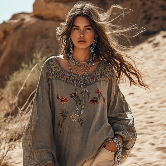 Comstylish Boho Floral Embroidery Patchwork Art Print Cotton And Linen Blend Loose Blouse