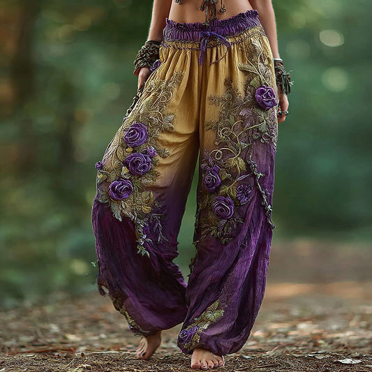 Women's Vintage Rose Floral Pattern Casual Pants artswardrobe