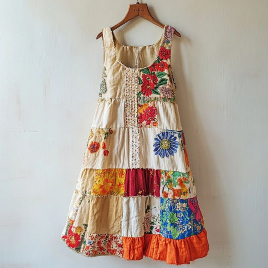 Boho Lace Floral Patchwork Linen Blend Dress artswardrobe