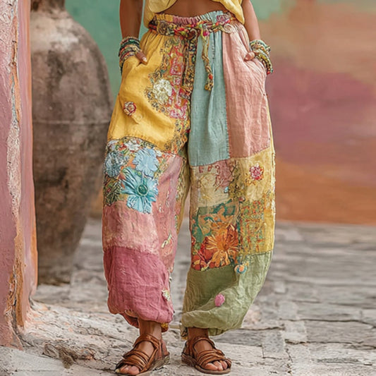 Women's Vintage Bohemian Floral Embroidery Patchwork Art Linen Blend Pants artswardrobe