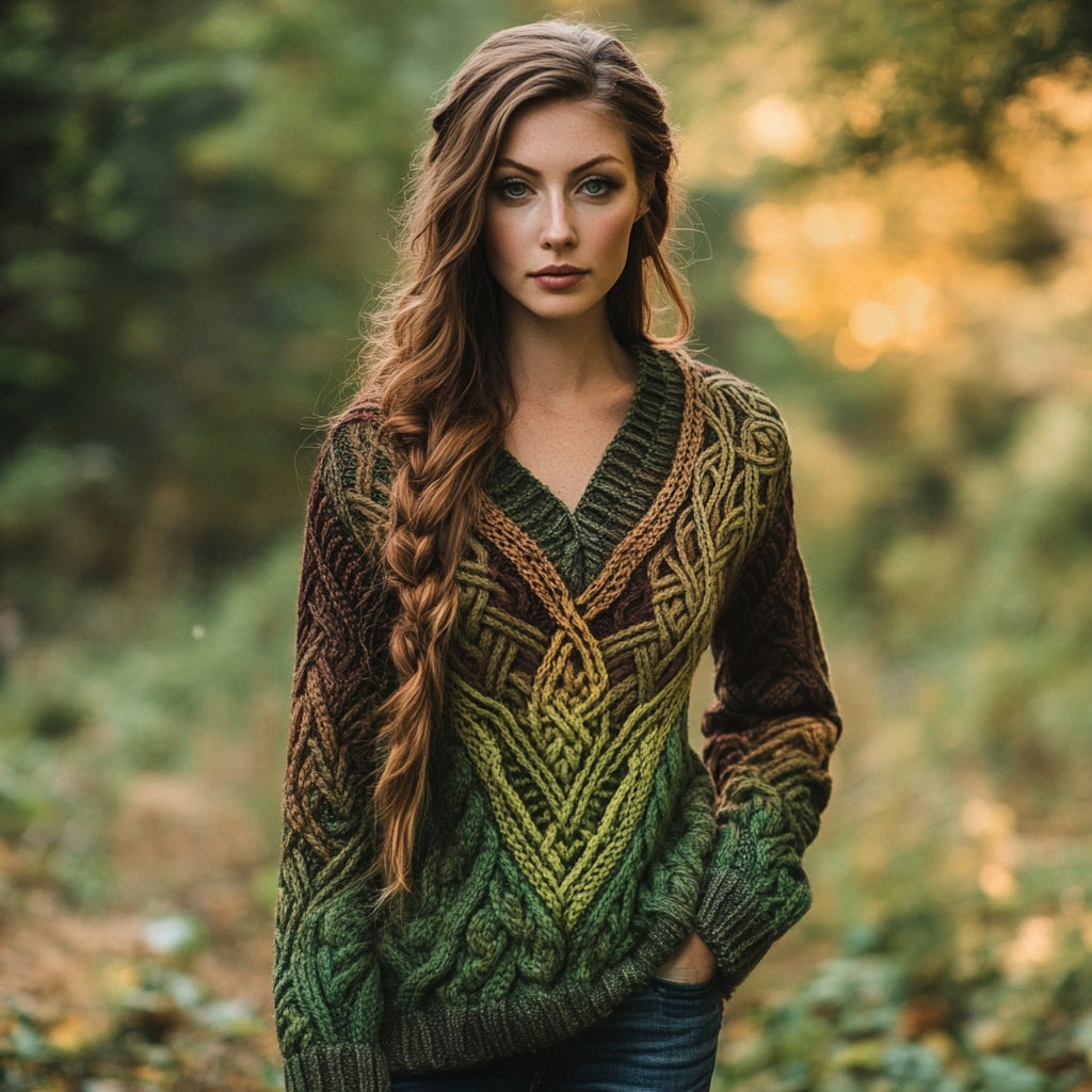 Women's Celtic Knotted V-neck Contrast Aran Sweater elevenforest