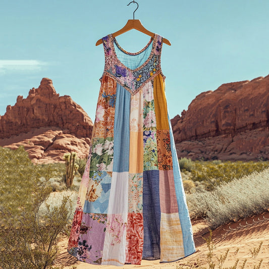 Women's Retro Geometric Floral Linen Tank Dress artswardrobe