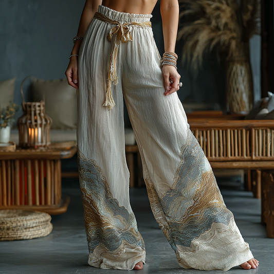 Classy Purple Lavender And Floral Embroidered Art Linen Pants artswardrobe