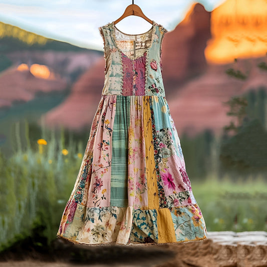 Women's Vintage Floral Applique Art Sleeveless Dress artswardrobe