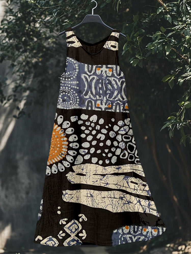 Vintage Ethnic Pattern V Neck Linen Tank Dress artswardrobe