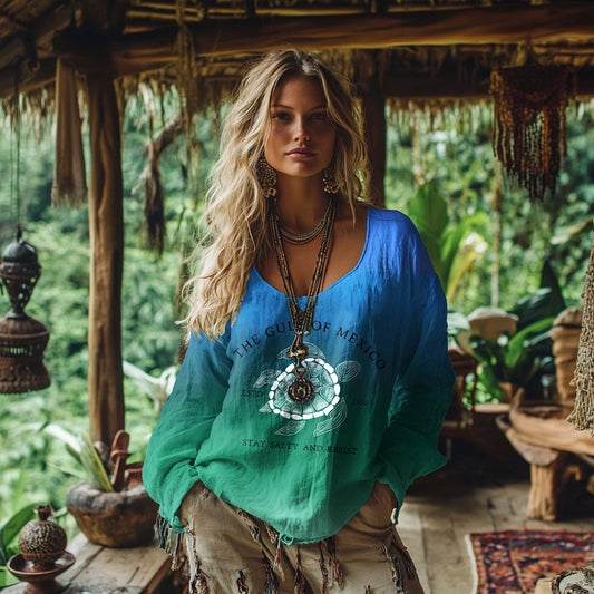 Comstylish Retro Bohemian Resort Gulf Of Mexico In Gradient Print Cotton And Linen Blend Loose Blouse