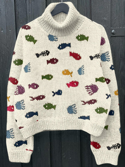 Vintage Fishes And Jellyfishes Art Knitting Patterns Art Cozy Turtleneck Sweater elevenforest