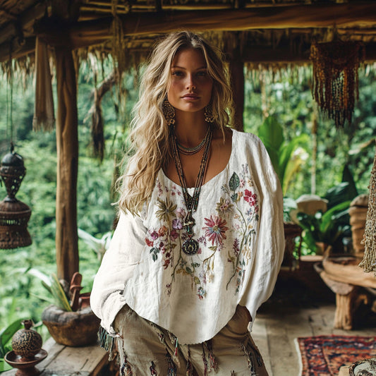 Comstylish Retro Bohemian Floral Embroidery Art Graphics Cotton And Linen Blend Loose Blouse