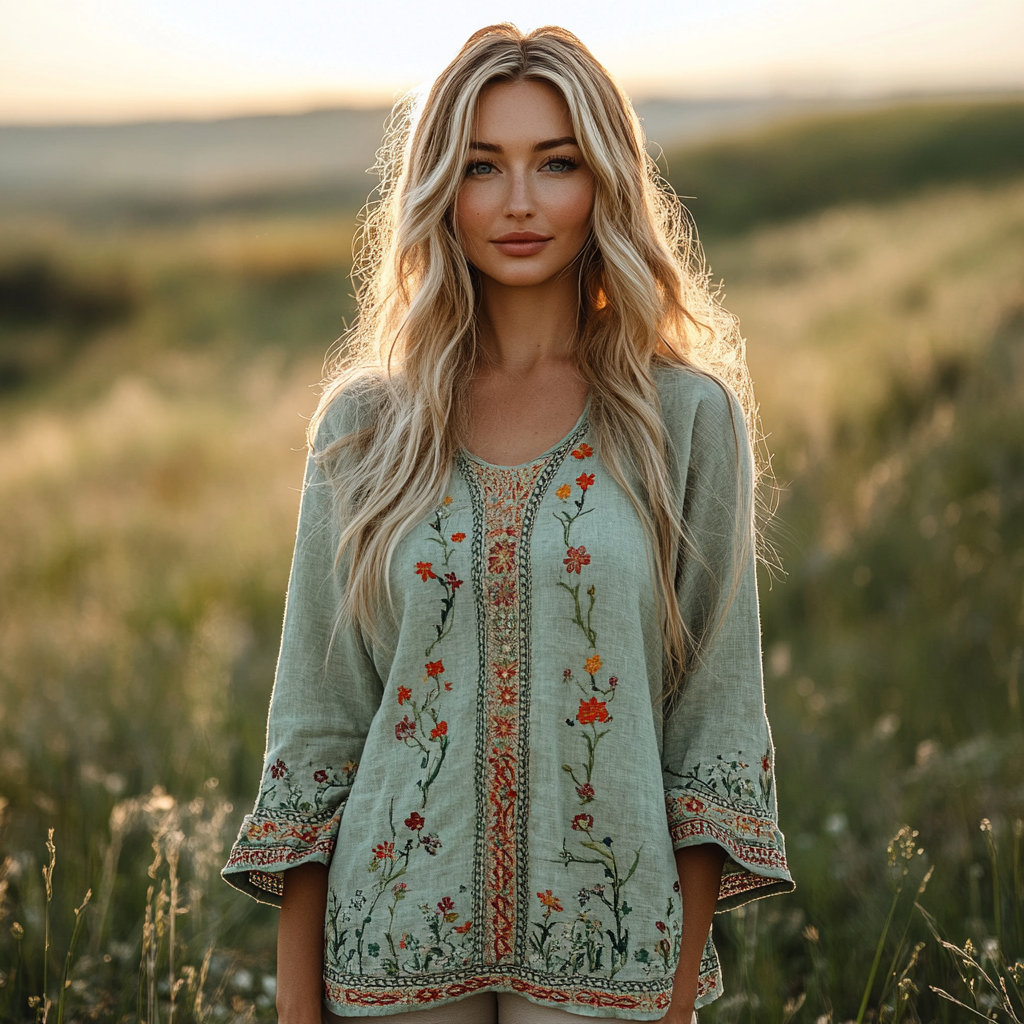 Retro Bohemian Floral Embroidery Art Graphics Linen Blend Loose Blouse artswardrobe