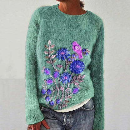 Vintage Floral Bird Embroidery Print Crew Neck Sweater elevenforest