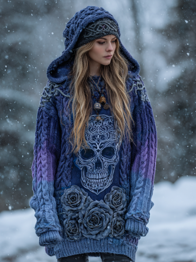 Women's Viking Tribal Jacquard Celtic With Rose And Skull Inspired Chunky Knit Hooded Sweater elevenforest