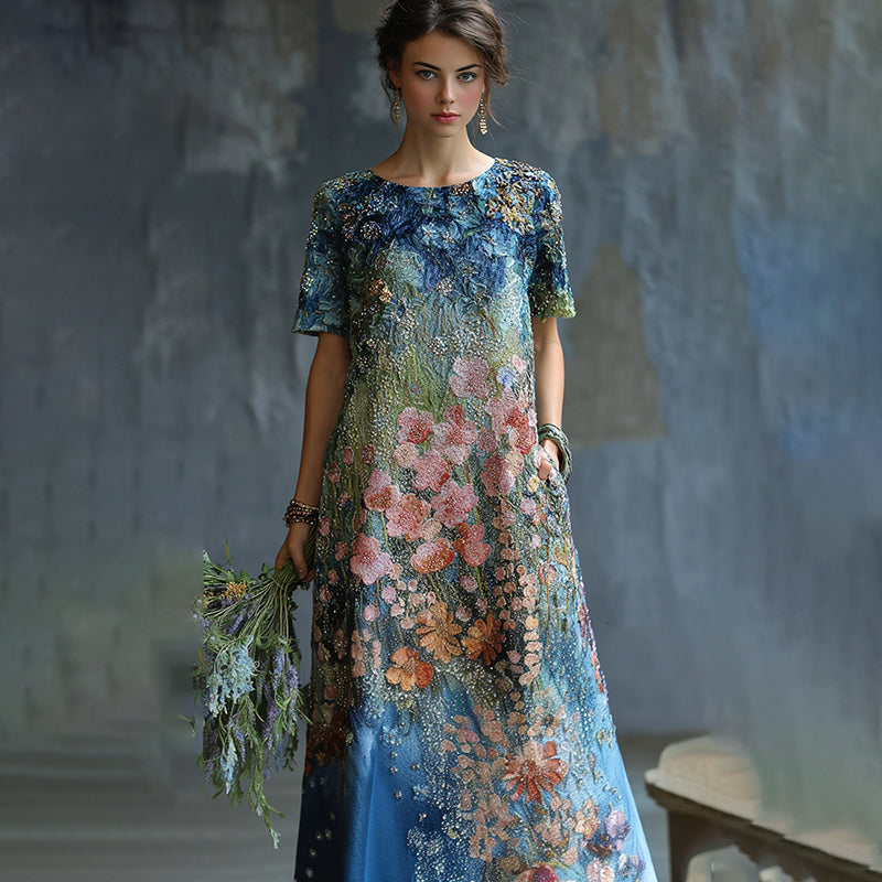 Women's Oil Painting Floral Contrast Color Sequined Maxi Dress artswardrobe