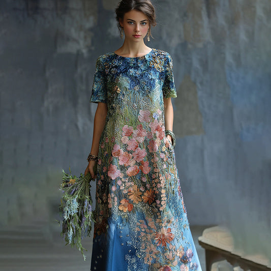 Women's Oil Painting Floral Contrast Color Sequined Maxi Dress artswardrobe